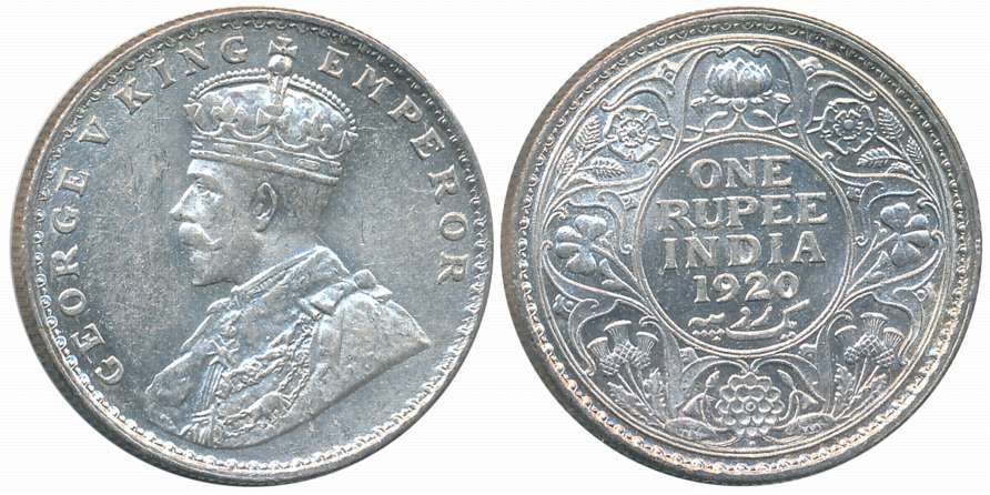 King George V, 1920, Silver Rupee. Only issue. Uncirculated.