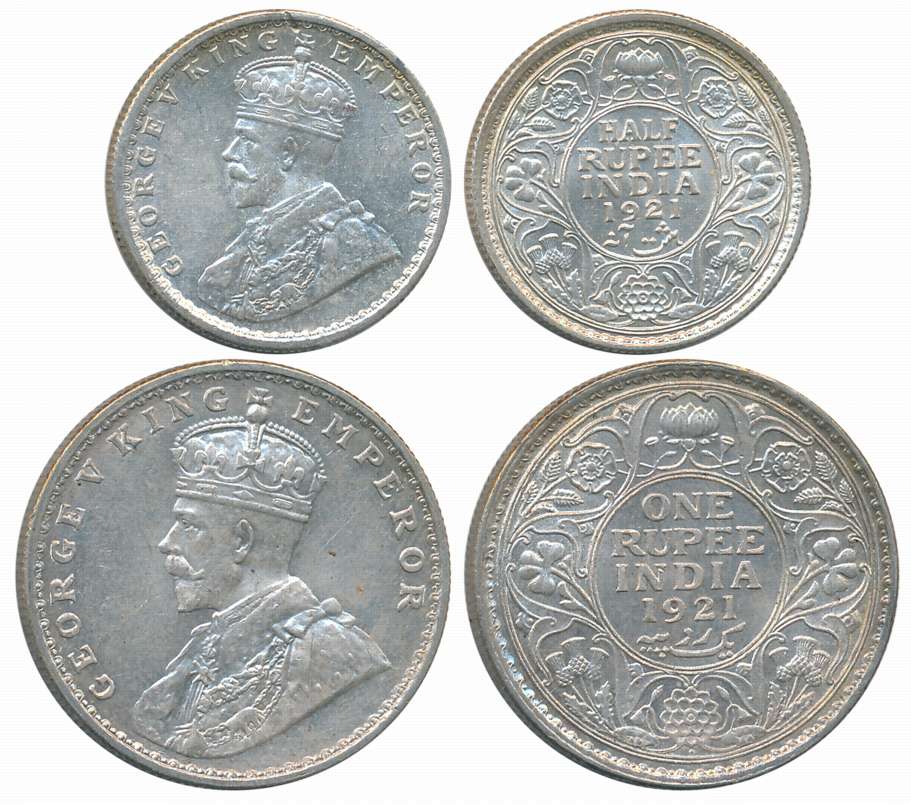 King George V, 1921, Silver Complete Set of 2 coins, Rupee, 1/2 Rupee. About uncirculated.