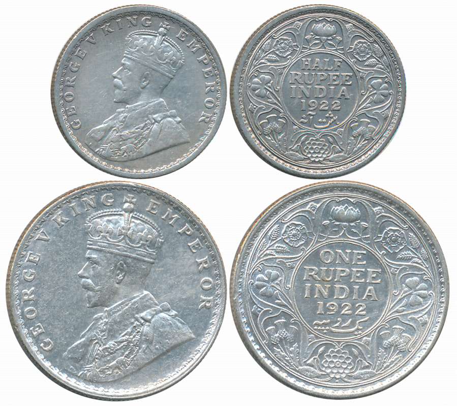 King George V, 1922, Silver Complete Set of 2 coins, Rupee, 1/2 Rupee. Very fine to about 