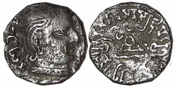 Damasena, son of Rudrasimha I as MahaKshatrapa, Silver Drachma, 1.95g, SE151, Obv: Bust of