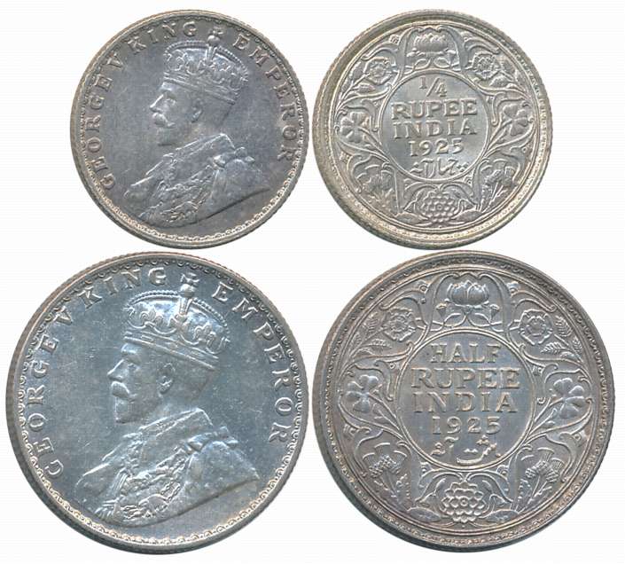 King George V, 1925, Silver Complete Set of 2 coins, 1/2 Rupee, 1/4 Rupee. About uncircula