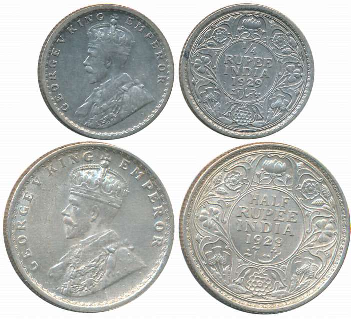 King George V, 1929, Silver Complete Set of 2 coins, 1/2 Rupee, 1/4 Rupee. Very fine to ab