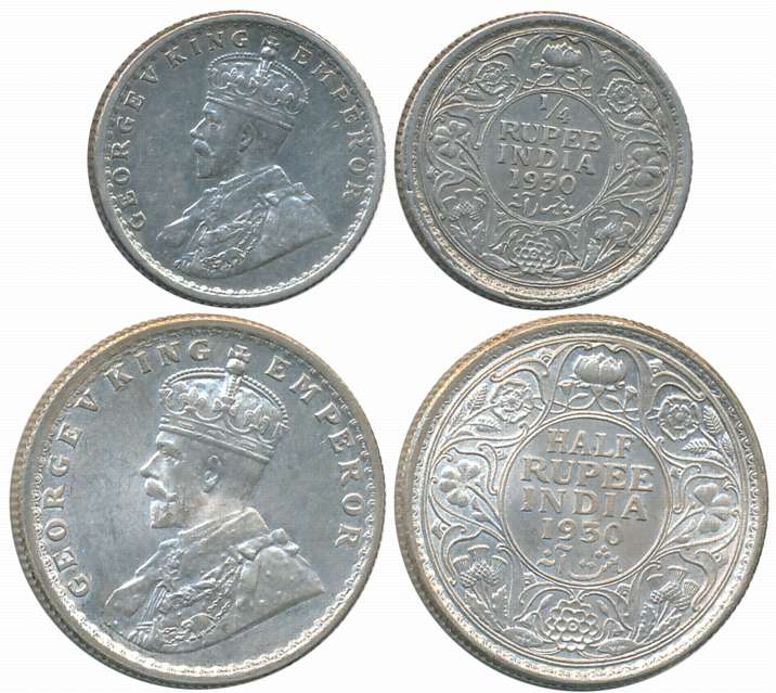 King George V, 1930, Silver Complete Set of 2 coins, 1/2 Rupee, 1/4 Rupee. About extremely