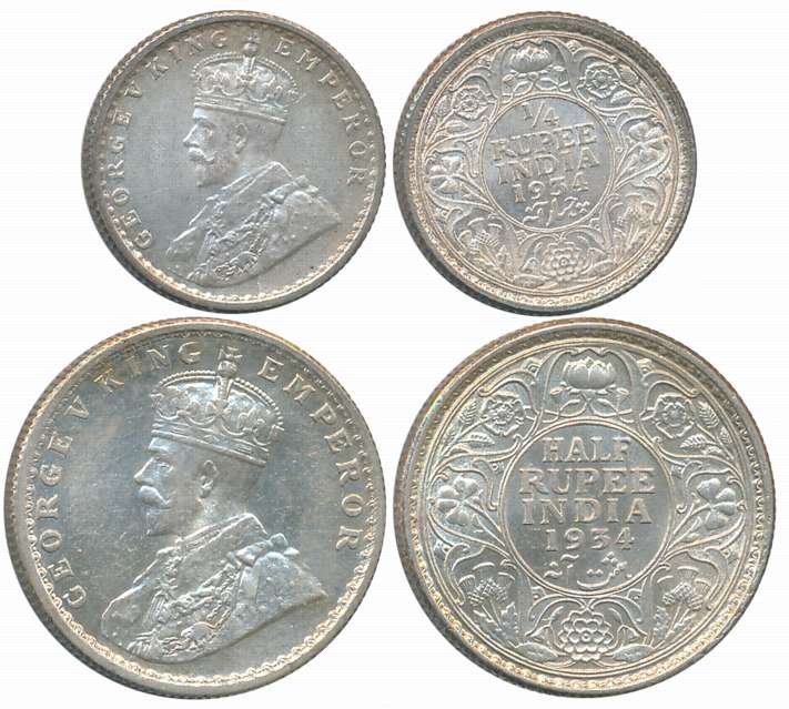 King George V, 1934, Silver Complete Set of 2 coins, 1/2 Rupee, 1/4 Rupee. Uncirculated. 2