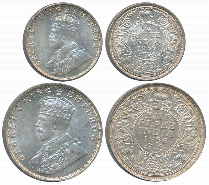 King George V, 1936, Silver Complete Set of 2 coins, 1/2 Rupee, 1/4 Rupee. Uncirculated. 2
