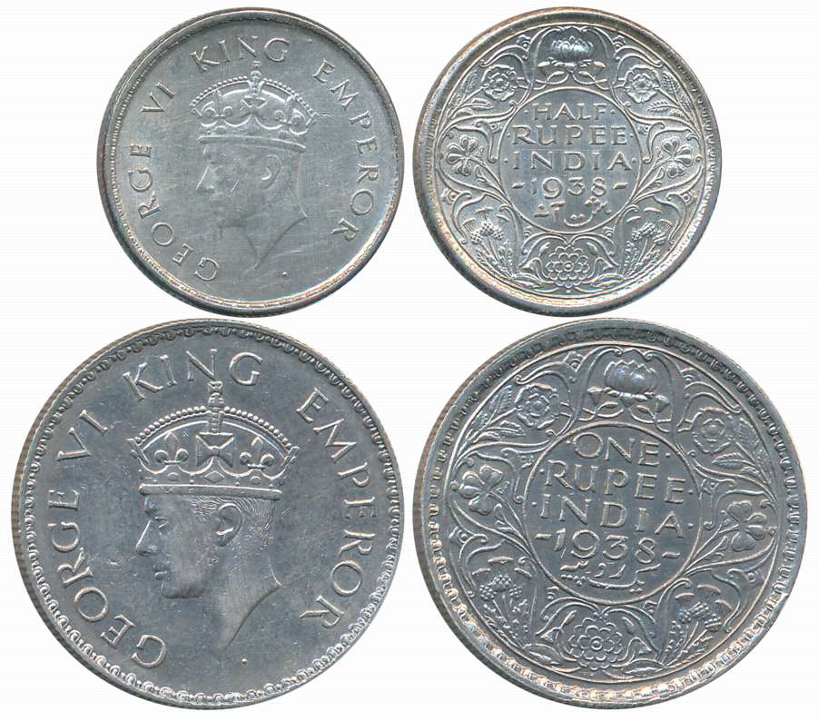 King George VI, 1938, Silver Complete Set of 2 coins, Rupee, 1/2 Rupee. About extremely fi