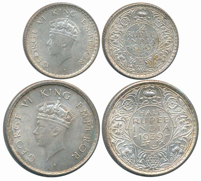 King George VI, 1939, Silver (2), 1/2 Rupee, 1/4 Rupee. About uncirculated to uncirculated
