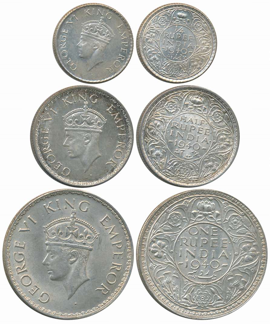 King George VI, 1940, Silver Complete Set of 3 coins, Rupee, 1/2 Rupee, 1/4 Rupee. About u