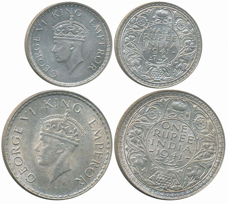 King George VI, 1941, Silver Complete Set of 3 coins, Rupee, 1/2 Rupee, 1/4 Rupee. About u