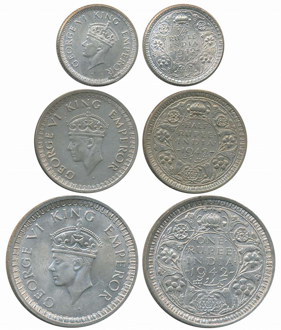 King George VI, 1942, Silver Complete Set of 3 coins, Rupee, 1/2 Rupee, 1/4 Rupee. About e