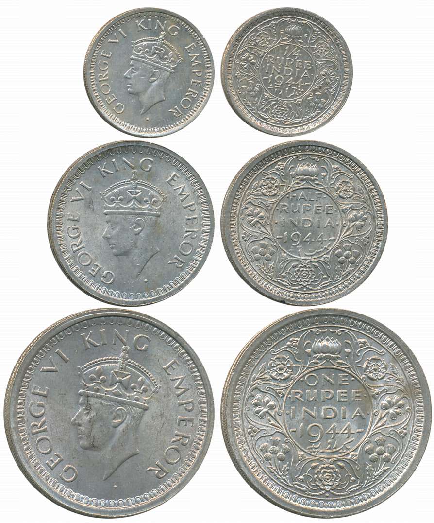 King George VI, 1944, Silver Complete Set of 3 coins, Rupee, 1/2 Rupee, 1/4 Rupee. Extreme