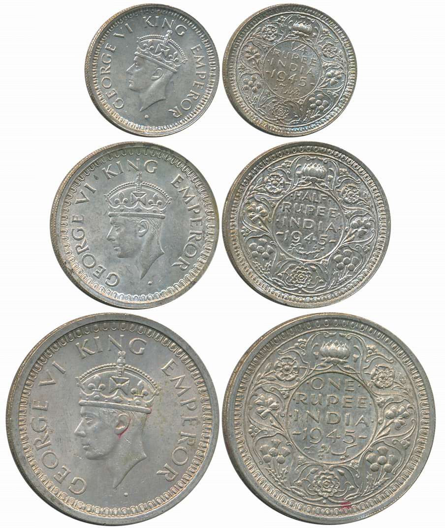 King George VI, 1945, Silver Complete Set of 3 coins, Rupee, 1/2 Rupee, 1/4 Rupee. About u