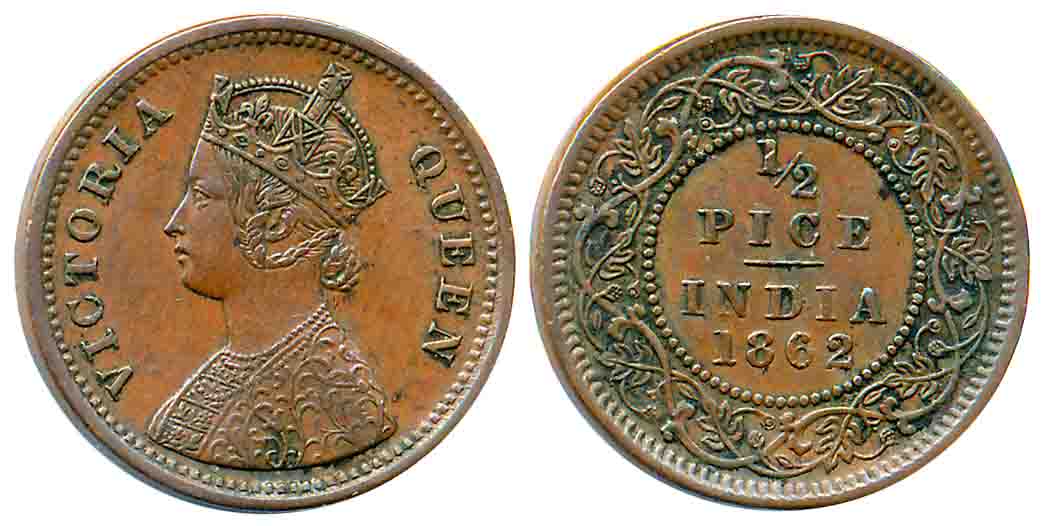 Victoria Queen, 1862, Copper 1/2 Pice. About extremely fine.