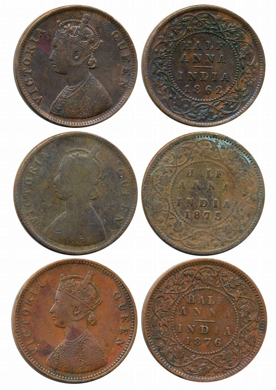 Victoria Queen, Set of Complete Year, 1862, 1875, 1876, Copper 1/2 Anna (4). Fine+ to very