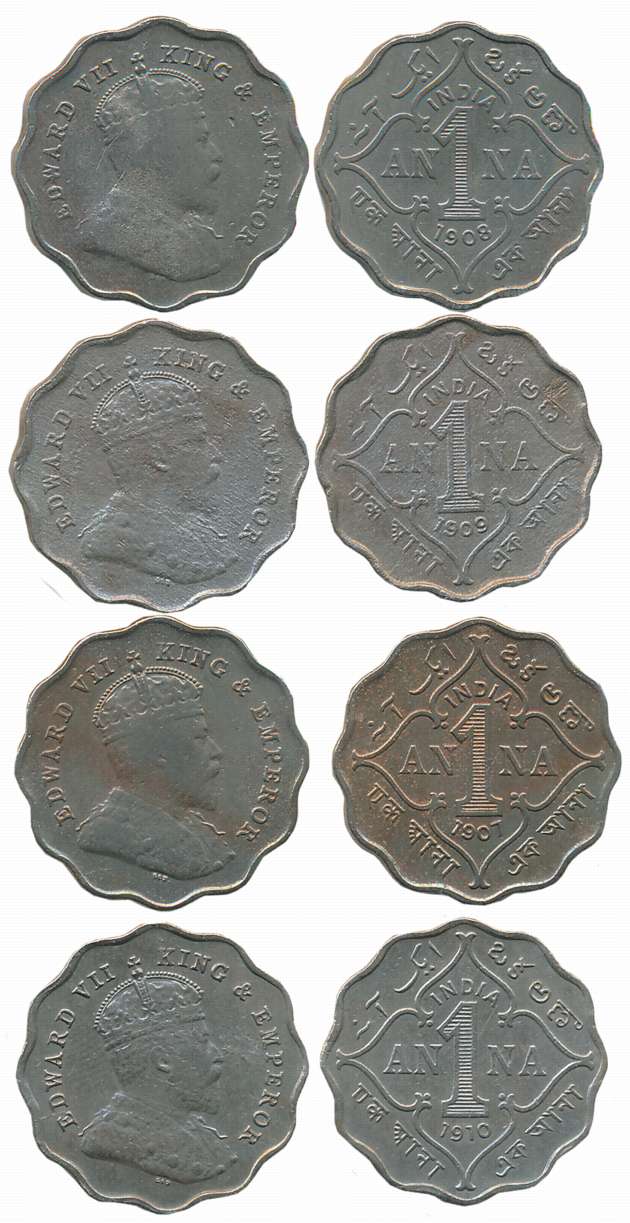King Edward VII, 1907, 1908, 1909, 1910, Nickel, 1 Anna (4). About very fine to very fine.