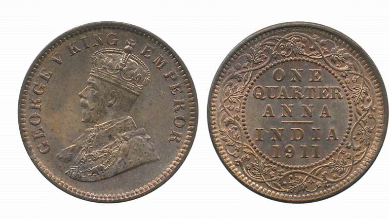 King George V, 1911, Copper 1/4 Anna. Uncirculated.
