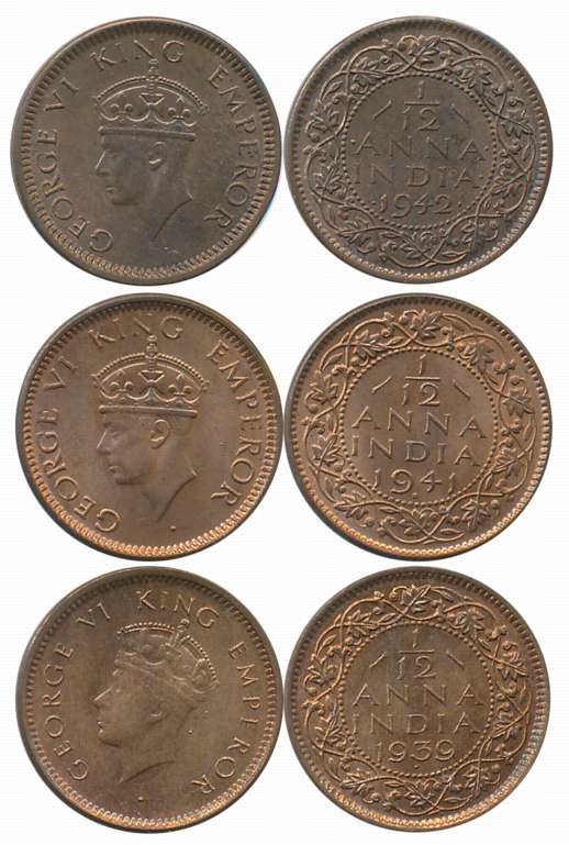 King George VI, Set of Complete Year, 1939, 1941, 1942, Bronze 1/12 Anna (3). About uncirc