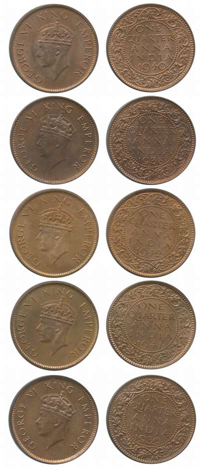 King George VI, Set of Complete Year, 1938, 1939, 1940, 1941, 1942, Copper 1/4 Anna (5). U