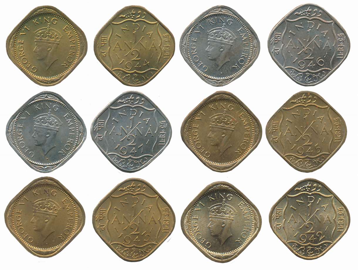 King George VI, Set of Complete Year, 1942, 1943, 1944, 1945, 1946, 1947, Brass 1/2 Anna (