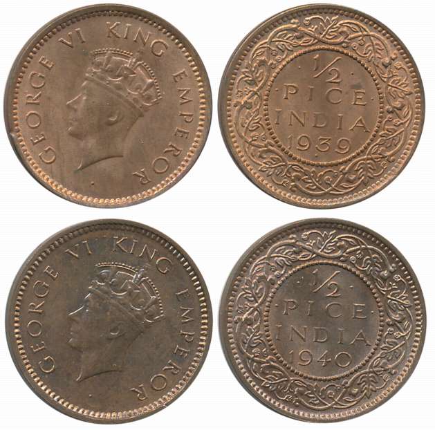 King George VI, 1939, 1940, Bronze 1/2 Pice (2). Uncirculated. 2 coins.