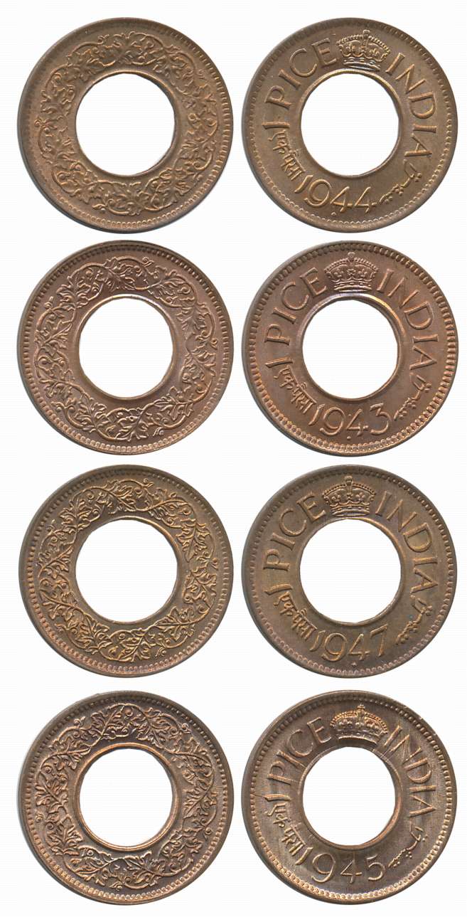King George VI, Set of Complete Year, 1943, 1944, 1945, 1947, Copper 1 Pice (4). Uncircula