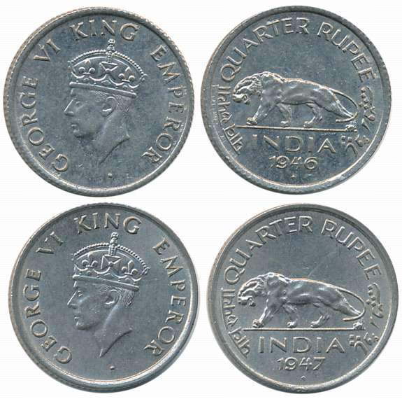 King George VI, Set of Complete Year, 1946, 1947, Nickel 1/4 Rupees (2). About extremely f