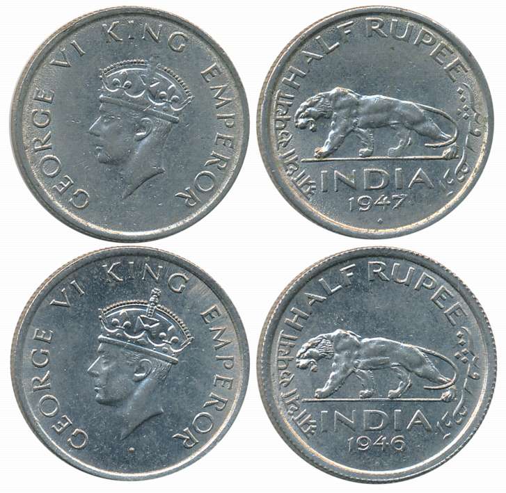 King George VI, Nickel, Set of Complete Year, 1946, 1947, 1/2 Rupees (2). About extremely 