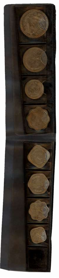 1967, Uncirculated strip of regular issue, Set of 8 coins, Rupee 1 (1962), Paise 50, 25, 1