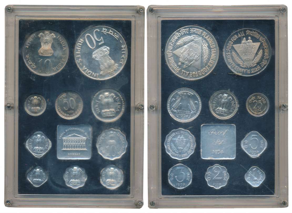 1974, Proof set of 10, Rupees 50, 10 &amp; 1, Paisa 50, 25, 10, 5, 3, 2, &amp; 1, with min