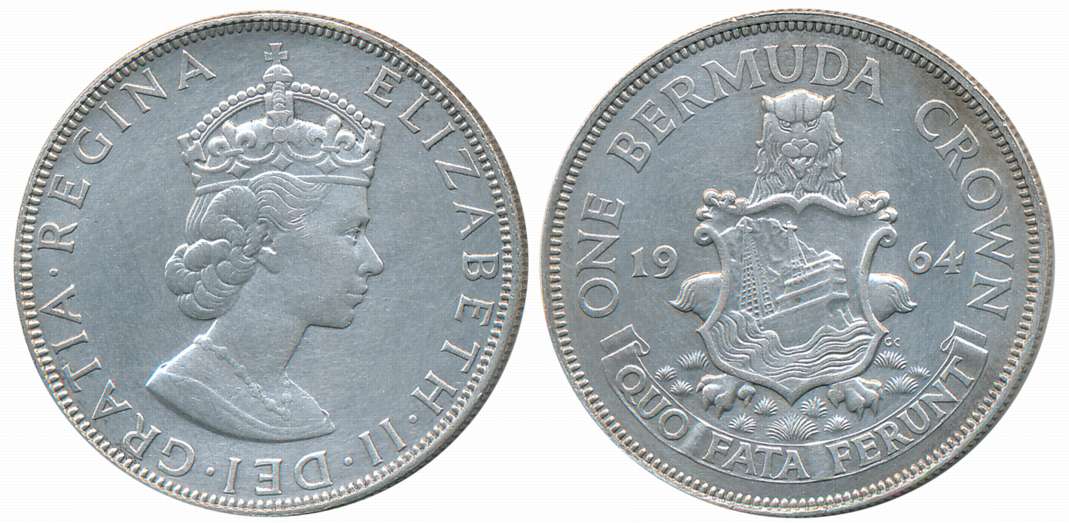Bermuda, Elizabeth II, Silver 1 Crown, 22.91g, Obv: Crowned bust of Queen Elizabeth II fac