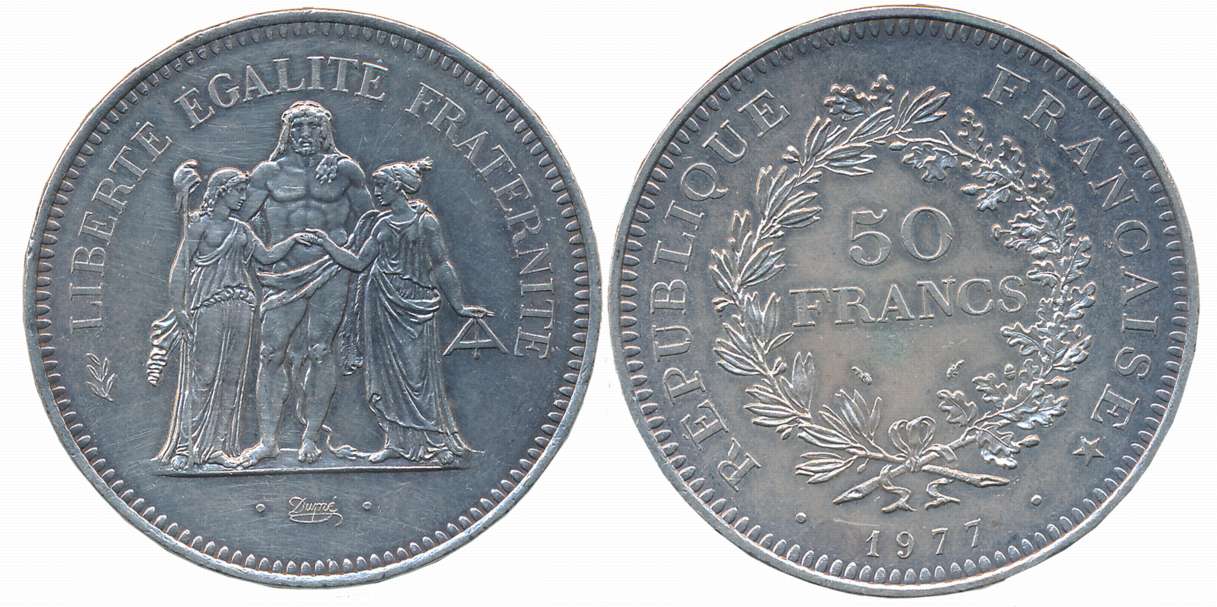 France, Silver 50 Francs, 1977, Obv: Denomination and date within wreath, Rev: Hercules gr