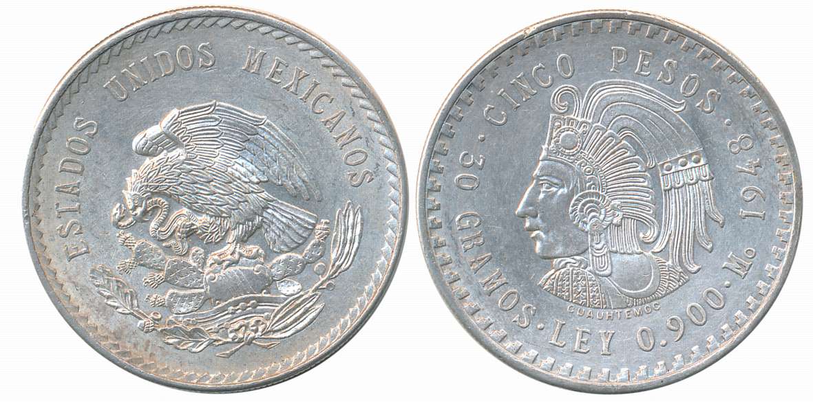 Mexico, Silver 5 Pesos, 1948, Obv: Deeply embossed mexican eagle eating rattlesnake and pe