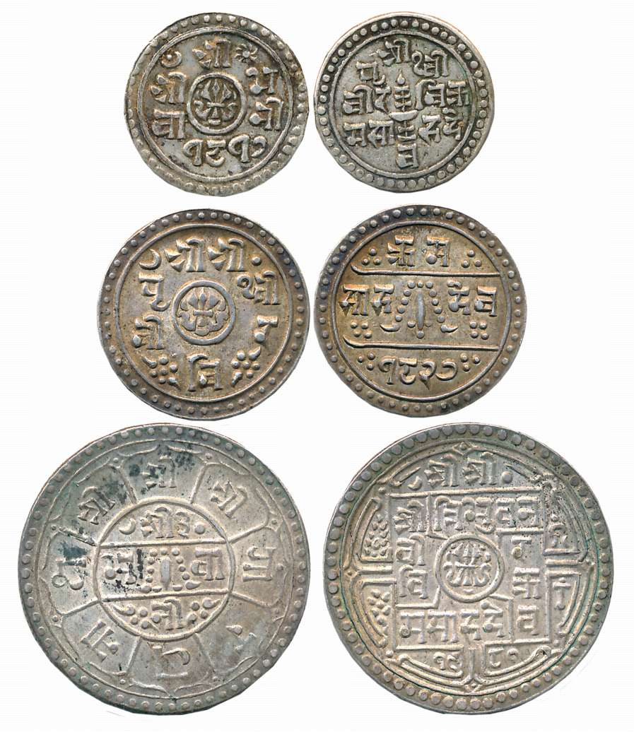 Nepal, Silver (3), Tribhuvana Bir Bikram, 2 Mohur, 11.09g (KM# 695), Rajendra Vikrama, 1/2