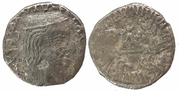 Damasena, son of Rudrasimha I as MahaKshatrapa, Silver Drachma, 1.94g, Obv: Bust of the ki
