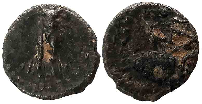 Damasena as MahaKshatrapa, Potin Unit, 2.11g, Obv: Bull facing front within circular dotte