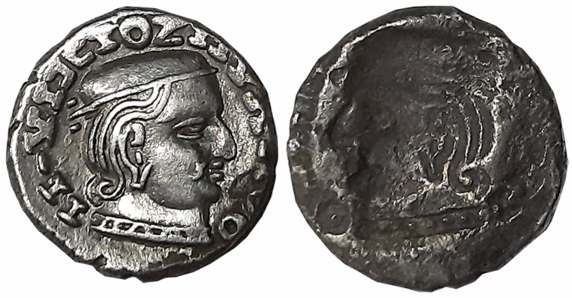 Isvaradatta, Silver, Lakhi, 1.96g, Obv: Bust of the king, Brahmi Numeral – (=’1’) behind t