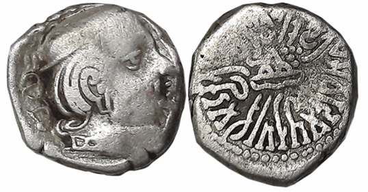 Rudrasena II, son of Viradaman as MahaKshatrapa, Silver Drachma, 2.03g, SE183, Obv: Bust o