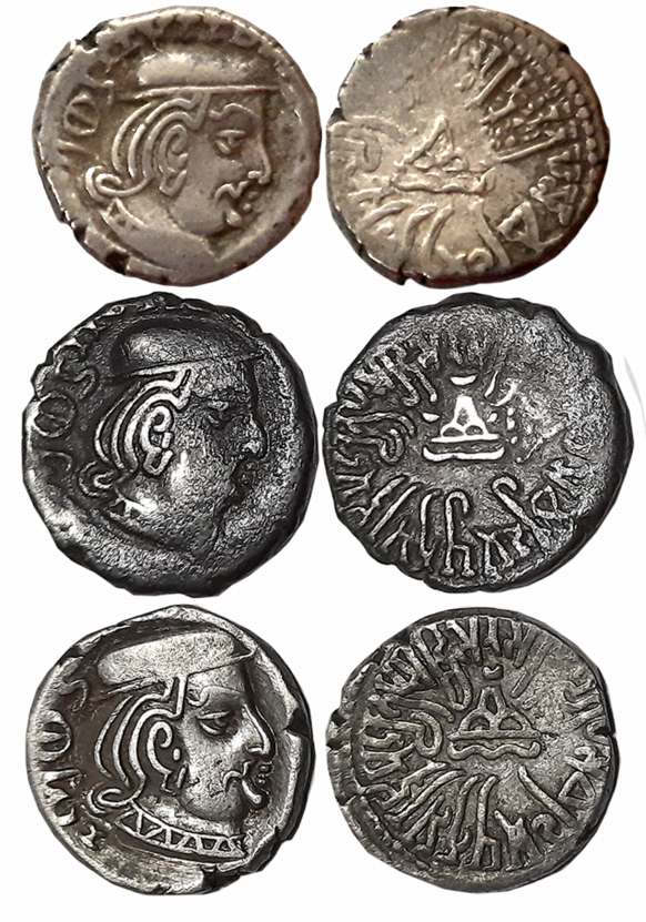 Rudrasena II son of Viradaman as MahaKshatrapa, Silver Drachmas (3), SE188 Obv: Bust of th