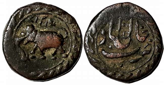 Tipu, Copper 1/2 Paisa, 5.53g, Khaliqabad Mint, AM 1217, Elephant to left (KM# 82). Extrem