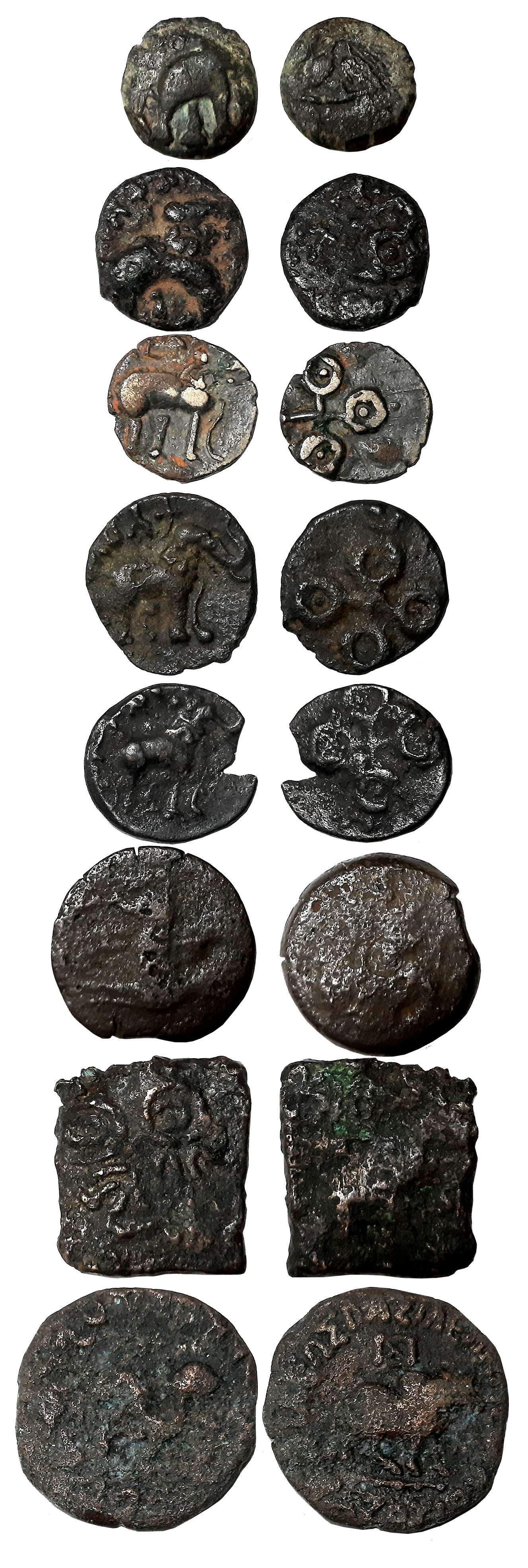 Copper (3), Indo Scythian (1), Sebak (1), Mahatalawar ? (1), Satavahana, Potin (5). Fine t