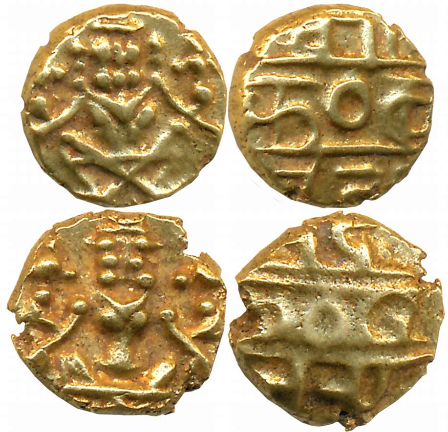 Gold Narsimha Fanam (2), 0.37g, 0.38g, Obv: Lord Narsimha, Rev: Legend (KM# C# 212). About