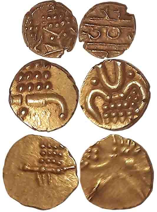 Princely States, Gold Fanams (3), Mysore, Narsimha Fanam, 0.36g, Obv: Lord Narsimha, Rev: 