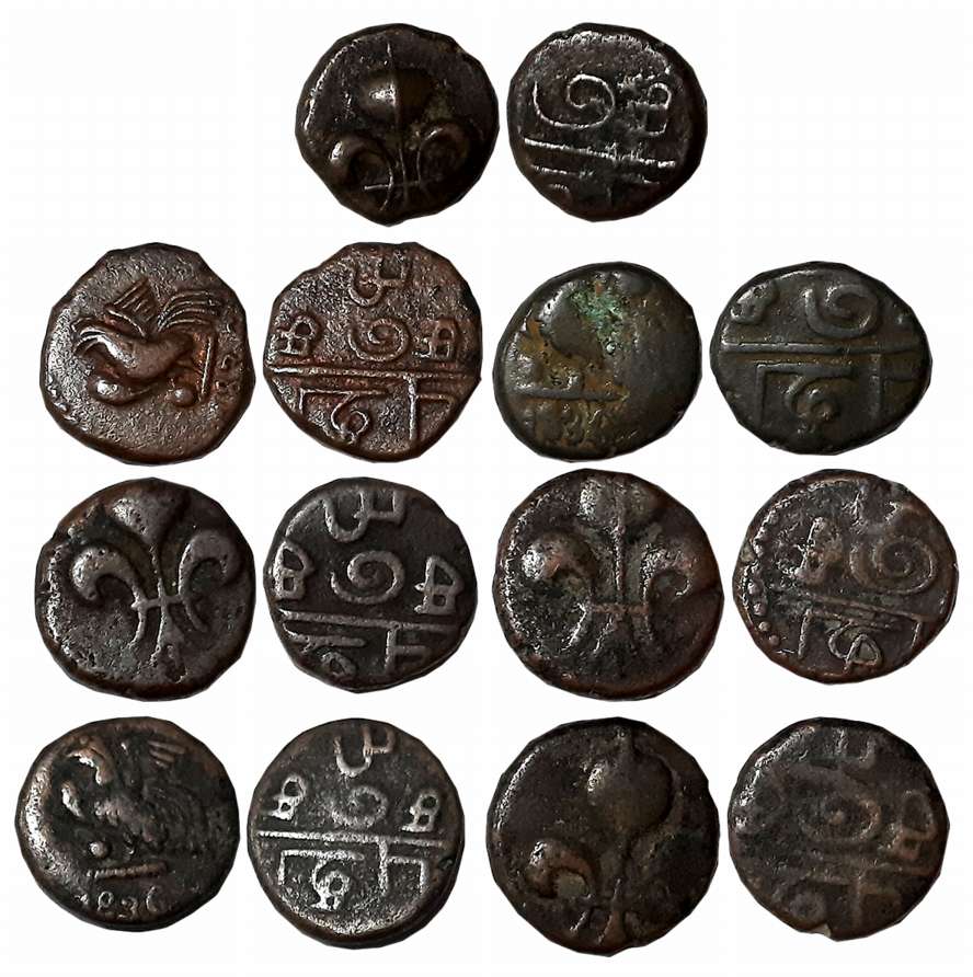 Pondicherry, Copper Doudou (7), (KM# C# 123 (6), KM# C# 141, Date 1836 (1). Fine to very f