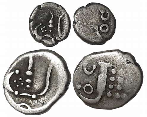 Silver (2), 0.29g,1.01g, Obv: Stylized Kali, Rev: Lazy “J”, “OC” above (KM# 30, 31). Very 