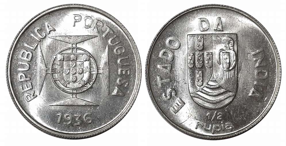 Silver 1/2 Rupia, 1936, Obv: Shileld on lined circle at centre of Maltese cross, Rev: Divi