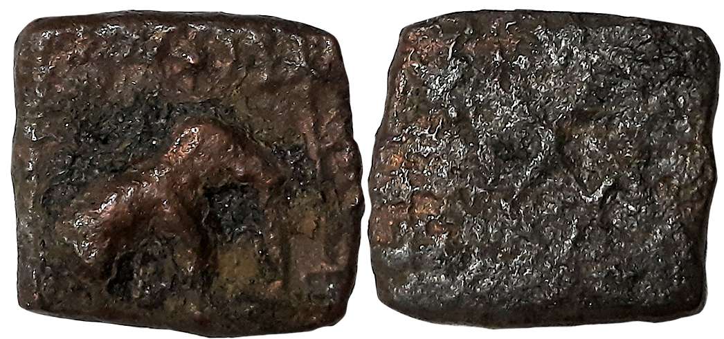 Sangam age Pandya, Copper, 8.96g, Elephant facing right, various symbols above, Rev: Styli