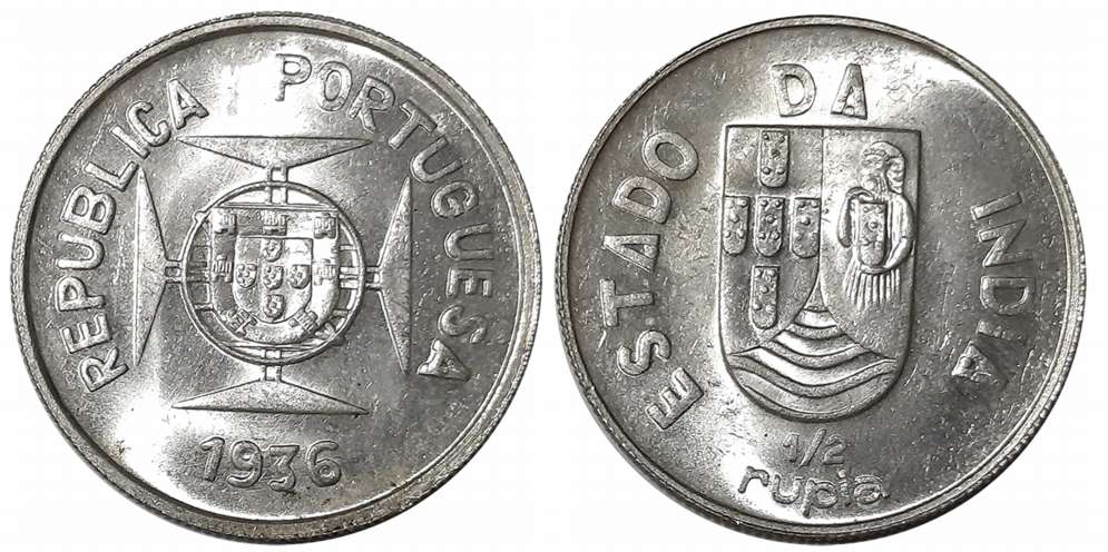 Silver 1/2 Rupia, 1936, Obv: Shileld on lined circle at centre of Maltese cross, Rev: Divi