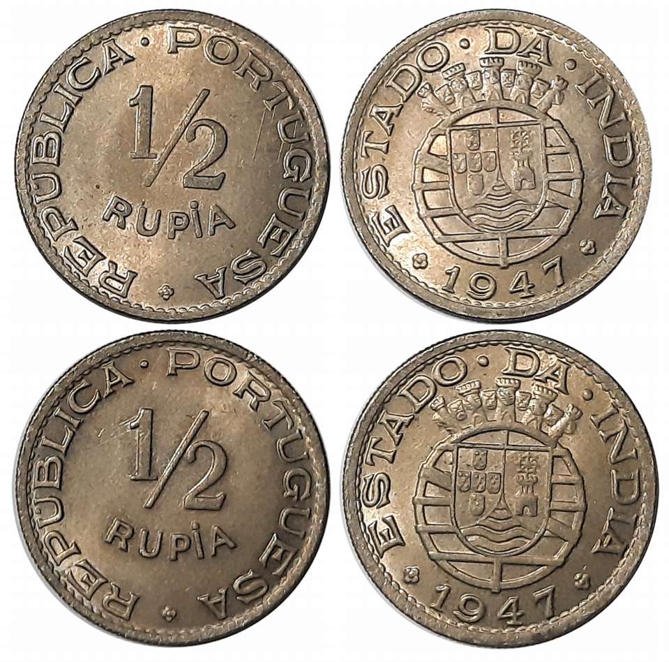 Copper Nickel 1/2 Rupia (2), 1947, Obv: Denomination, Rev: Tiny towers and shields above d