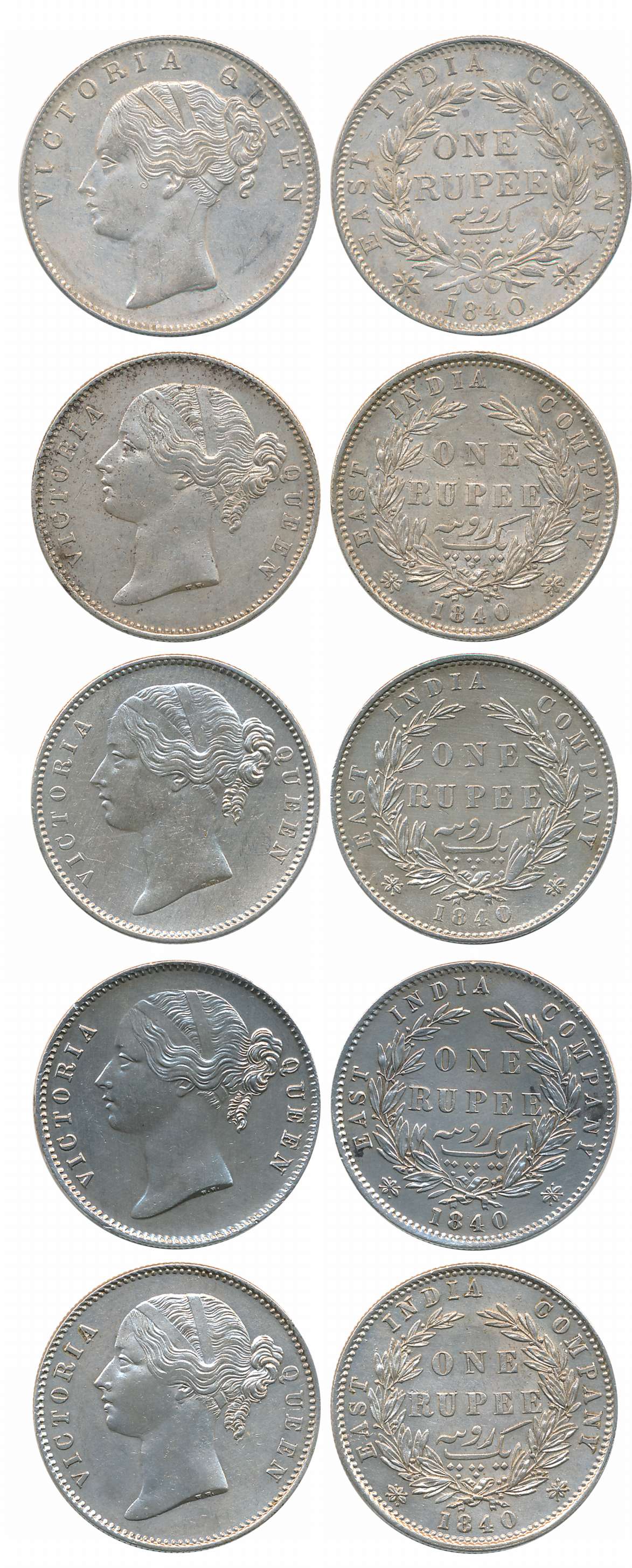Victoria Queen, Silver Rupees (5), 1840, Continuous legend (1), Divided legend (4). Very f