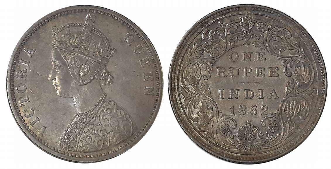Victoria Queen, Silver Rupee, 1862, 1 dot above, 2 dots below. Extremely fine.